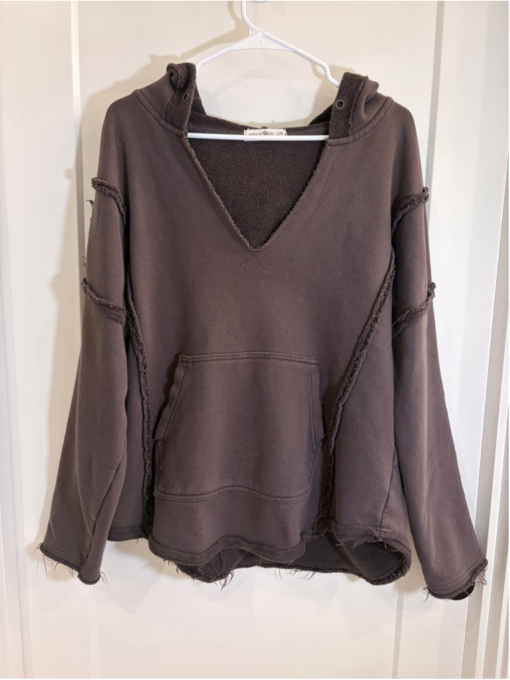 Natural Life Raw Edge Distressed V-Neck Hoodie Sweatshirt Charcoal Brown S/M